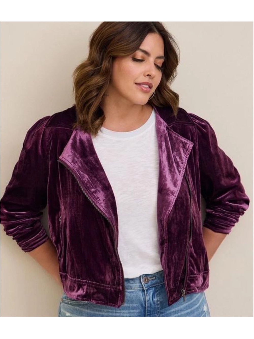 Torrid Velvet Moto Jacket Purple Full Zip Collared Neckline size 1 XL 1X 14 16